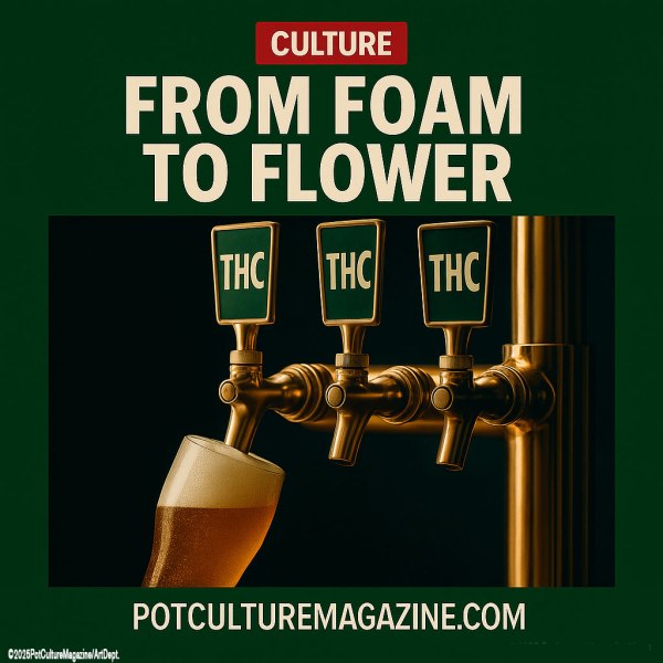 Three golden bar taps labeled “THC” pour a foamy amber drink into a tilted pint glass. Above, bold text reads “From Foam to Flower” with a red banner labeled “Culture.” The background is dark green, and the bottom features the website PotCultureMagazine.com with ©2025PotCultureMagazine/ArtDept.