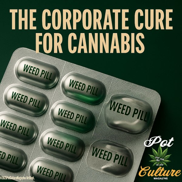 Promotional image for Pot Culture Magazine featuring a dark green background with a metallic blister pack of capsules labeled “WEED PILL.” The bold beige headline reads “THE CORPORATE CURE FOR CANNABIS.” The Pot Culture Magazine logo with the cannabis leaf emblem and slogan “For the Culture, By the Culture” appears in the bottom right corner, with the website PotCultureMagazine.com and copyright ©2025PotCultureMagazine/ArtDept
