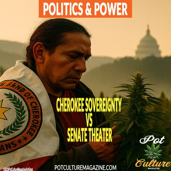 A cinematic, realistic portrayal of Cherokee sovereignty and resilience. Depict a Cherokee cannabis cultivator or worker standing on sovereign land, framed by the Smoky Mountains at dawn or dusk, symbolizing strength and independence. The image should contrast natural calm and political tension, hinting at Washington oversight without caricature. Tone: serious, proud, defiant, rooted in identity and truth. Include correct Pot Culture Magazine branding, site address, and copyright ©2025PotCultureMagazine/ArtDept.