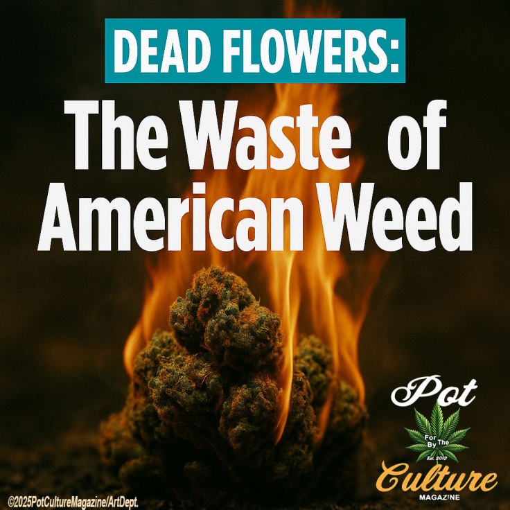 A close-up image of a cannabis bud engulfed in orange flames, symbolizing waste and destruction. The text reads, “Dead Flowers: The Waste of American Weed.” Pot Culture Magazine branding appears in the bottom right corner with the leaf logo and the slogan “For The Culture, By The Culture.” ©2025PotCultureMagazine/ArtDept.