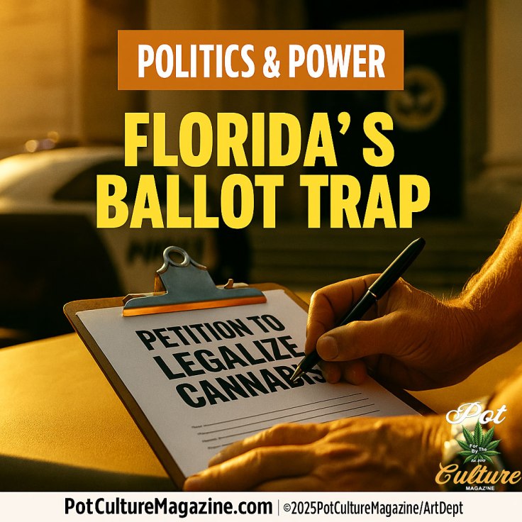Image featuring bold orange and yellow text reading: “POLITICS & POWER — FLORIDA’S BALLOT TRAP.” Below, a person’s hands hold a clipboard reading “PETITION TO LEGALIZE CANNABIS” while signing. The background shows a blurred courthouse and police vehicle under golden sunlight, symbolizing political pressure and civic struggle. Footer includes “PotCultureMagazine.com” with the Pot Culture Magazine logo and copyright ©2025PotCultureMagazine/ArtDept.