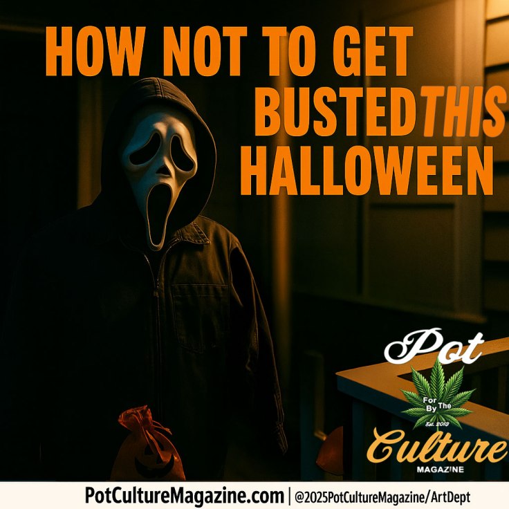 A person wearing a Ghostface mask from Scream stands on a dimly lit porch at night, holding an orange pumpkin-shaped trick-or-treat bag. The headline reads: “HOW NOT TO GET BUSTED THIS HALLOWEEN” in bold orange letters against a dark background. Branding appears along the bottom: PotCultureMagazine.com and ©2025PotCultureMagazine/ArtDept with the Pot Culture Magazine logo. The lighting creates an eerie, cinematic Halloween feel.