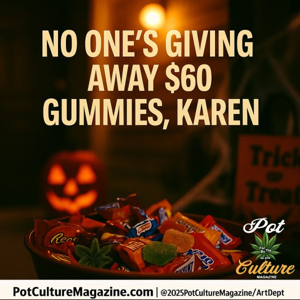A Halloween scene featuring a bowl of assorted candy on a porch, lit by a glowing jack-o’-lantern in the background. The image includes visible candy brands and a “Trick or Treat” sign. The warm lighting and fall atmosphere emphasize the message printed above: “No one’s giving away $60 gummies, Karen.” The Pot Culture Magazine logo and copyright credit appear at the bottom.