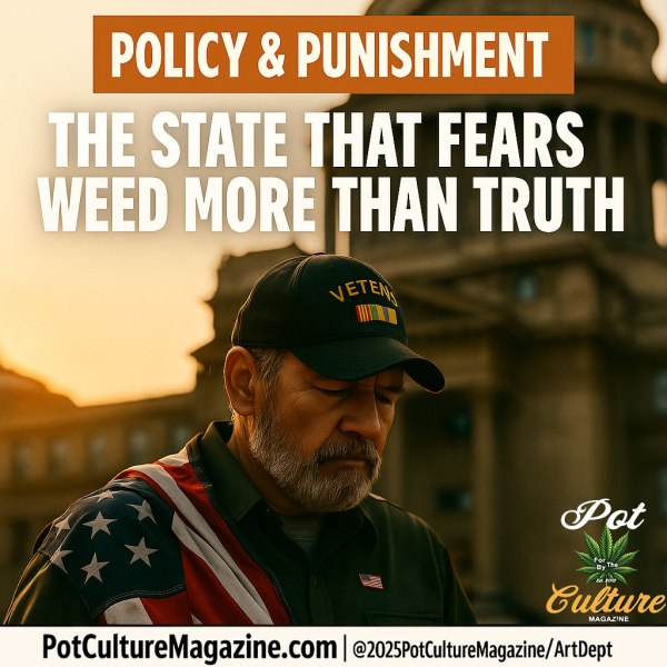 A somber veteran draped in an American flag stands outside a government building at sunset, head bowed in reflection. The headline reads “The State That Fears Weed More Than Truth,” with a copper header labeled “Policy & Punishment.” The Pot Culture Magazine logo and website, PotCultureMagazine.com, appear at the bottom along with the copyright ©2025PotCultureMagazine/ArtDept.