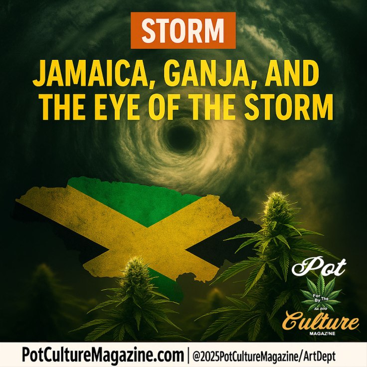 Feature image for Pot Culture Magazine’s article “Jamaica, Ganja, and the Eye of the Storm.” A copper-orange “STORM” category box anchors the top, followed by a bold yellow headline over a dark, swirling hurricane eye. The map of Jamaica, filled with its green, yellow, and black flag pattern, hovers above lush cannabis plants beneath storm clouds. The tone is cinematic and foreboding, symbolizing the nation’s cannabis industry enduring natural and political turbulence. Footer includes PotCultureMagazine.com, logo, and copyright ©2025PotCultureMagazine/ArtDept.