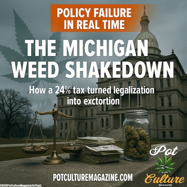 An image depicting a political and economic critique of Michigan’s cannabis tax policy. In the foreground, a brass balance scale weighs stacks of coins against bundles of cash beside a glass jar filled with cannabis buds. The Michigan State Capitol building looms in the background under cloudy skies. Large white and orange text reads: “Policy Failure in Real Time — The Michigan Weed Shakedown: How a 24% tax turned legalization into extortion.” At the bottom right, the Pot Culture Magazine logo features a green cannabis leaf and the words “For the Culture, By the Culture,” along with the website PotCultureMagazine.com. ©2025PotCultureMagazine/ArtDept.