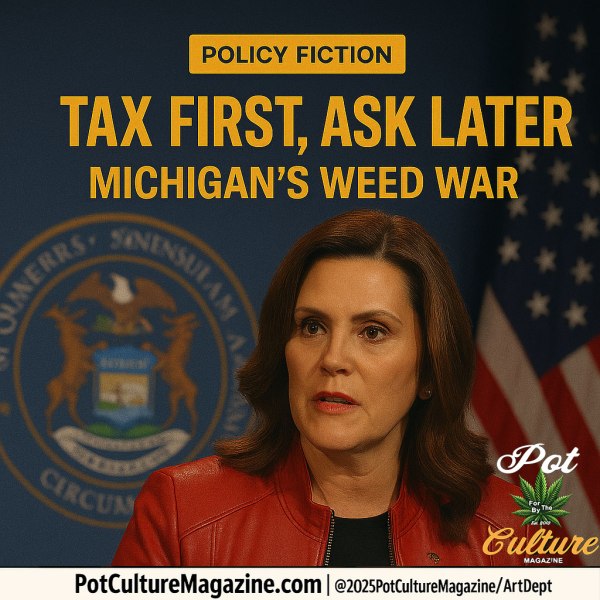 Governor Gretchen Whitmer stands before the Michigan state seal and an American flag, wearing a red leather jacket and a serious expression. The text reads: “Policy Fiction Tax First, Ask Later. Michigan’s Weed War.” The image critiques Michigan’s cannabis taxation and policy stance. Pot Culture Magazine branding, website, and ©2025PotCultureMagazine/ArtDept appear along the bottom.