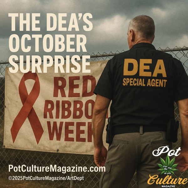 A DEA special agent stands facing a chain-link fence with a large banner that reads “Red Ribbon Week.” The text over the image says “The DEA’s October Surprise.” The scene has a muted, official tone under cloudy skies, symbolizing law enforcement’s ongoing anti-drug campaigns. The Pot Culture Magazine logo and website address appear at the bottom, along with the copyright ©2025PotCultureMagazine/ArtDept.