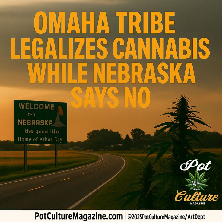 Promotional feature image for Pot Culture Magazine. A cannabis plant stands tall beside a rural highway at sunset, with a green “Welcome to Nebraska The Good Life, Home of Arbor Day” sign in the distance. Bold yellow text reads “Omaha Tribe Legalizes Cannabis While Nebraska Says No.” The image highlights tribal sovereignty and contrasting cannabis laws. Footer includes PotCultureMagazine.com, the PCM logo, and copyright ©2025PotCultureMagazine/ArtDept
