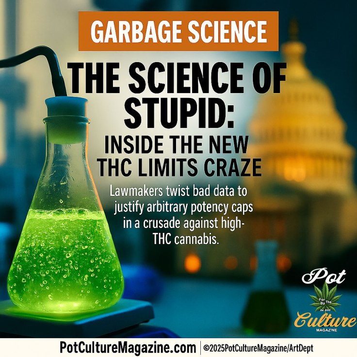 Editorial image for Pot Culture Magazine featuring a glowing green laboratory flask against a blurred background of the U.S. Capitol dome. The headline reads “The Science of Stupid: Inside the New THC Limits Craze.” Subtext explains that lawmakers twist bad data to justify arbitrary potency caps in a crusade against high-THC cannabis. Category header reads “Garbage Science.” Footer includes the Pot Culture Magazine logo, website, and copyright ©2025PotCultureMagazine/ArtDept