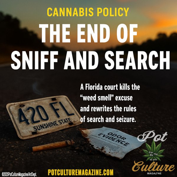 A stylized editorial image from Pot Culture Magazine showing a Florida license plate reading “420 FL” lying on an asphalt road beside a smoldering joint and a torn paper marked “ODOR EVIDENCE.” The headline reads “The End of Sniff and Search” with the subtext, “A Florida court kills the ‘weed smell’ excuse and rewrites the rules of search and seizure.” The words Cannabis Policy appear at the top in yellow, and the Pot Culture Magazine logo and website are displayed at the bottom.