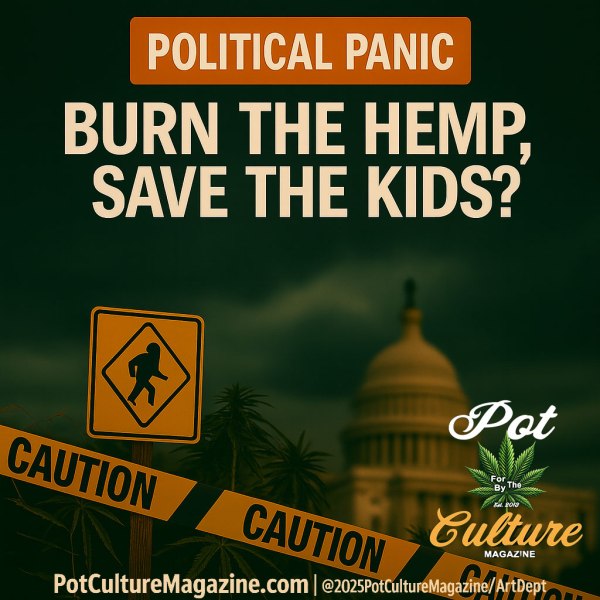 A dark green political-themed graphic showing yellow caution tape stretched in front of cannabis plants with the U.S. Capitol dome in the background. A yellow children-crossing sign stands in the foreground. At the top, a copper-orange label reads “Political Panic,” and below it the headline says “Burn the Hemp, Save the Kids?” Branding for Pot Culture Magazine appears at the bottom along with the website address.