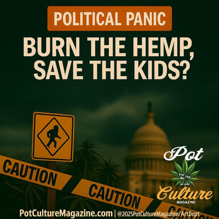 A dark green political-themed graphic showing yellow caution tape stretched in front of cannabis plants with the U.S. Capitol dome in the background. A yellow children-crossing sign stands in the foreground. At the top, a copper-orange label reads “Political Panic,” and below it the headline says “Burn the Hemp, Save the Kids?” Branding for Pot Culture Magazine appears at the bottom along with the website address.