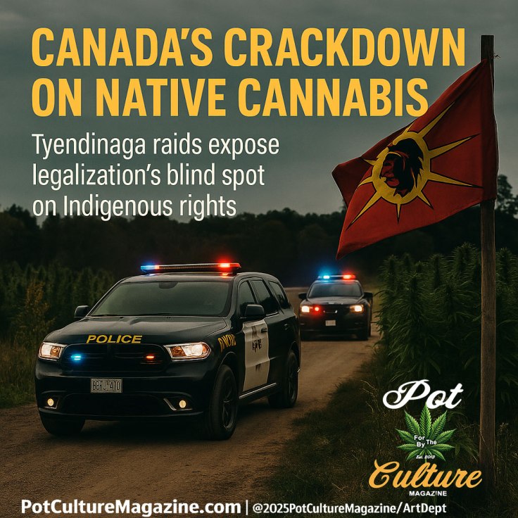 A Pot Culture Magazine feature image showing two Ontario Provincial Police vehicles with flashing red and blue lights driving down a dirt road beside a cannabis field on Tyendinaga Mohawk Territory. A red Haudenosaunee warrior flag flies on the right side of the image. The sky is overcast and the road cuts through lush rows of cannabis plants. Large yellow headline text reads “CANADA’S CRACKDOWN ON NATIVE CANNABIS,” with a subline stating “Tyendinaga raids expose legalization’s blind spot on Indigenous rights.” Pot Culture Magazine branding and the ©2025PotCultureMagazine/ArtDept credit appear across the bottom.