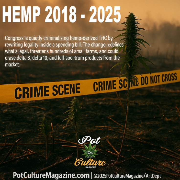 A scorched field at dusk with small hemp plants growing behind yellow crime scene tape. The headline reads “HEMP 2018–2025.” Text explains that Congress is quietly criminalizing hemp-derived THC through changes in a spending bill that could eliminate delta 8, delta 10, and full-spectrum products. Pot Culture Magazine branding appears at the bottom.