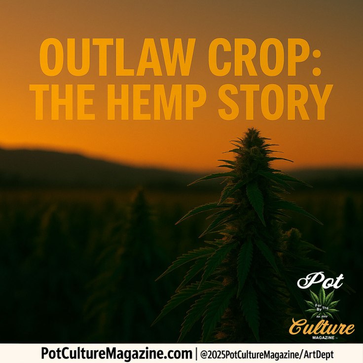 A tall hemp plant stands in focus against a golden sunset, silhouetted by the warm orange sky over a distant mountain range. The text “OUTLAW CROP: THE HEMP STORY” appears in bold yellow above the plant, with the Pot Culture Magazine logo and copyright tag along the bottom. The image captures a defiant yet natural tone, emphasizing hemp’s agricultural beauty and its controversial history.