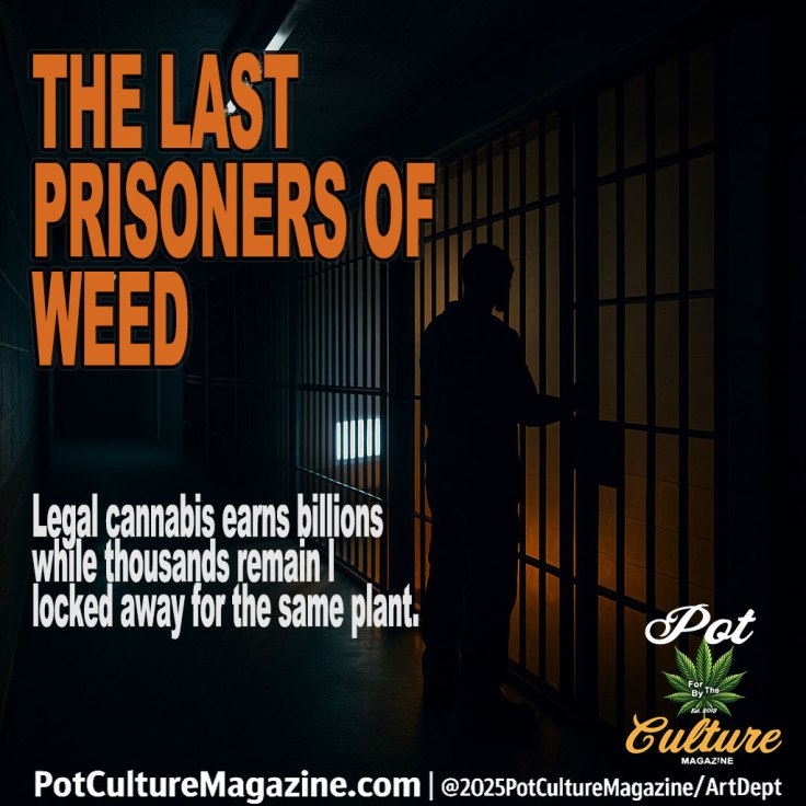 A Pot Culture Magazine feature image titled The Last Prisoners of Weed. The design shows a shadowed figure standing near a barred prison cell door under dim orange lighting. Large orange text reads: “The Last Prisoners of Weed.” Below, smaller white text reads: “Legal cannabis earns billions while thousands remain locked away for the same plant.” Branding along the bottom reads “PotCultureMagazine.com | ©2025PotCultureMagazine/ArtDept.