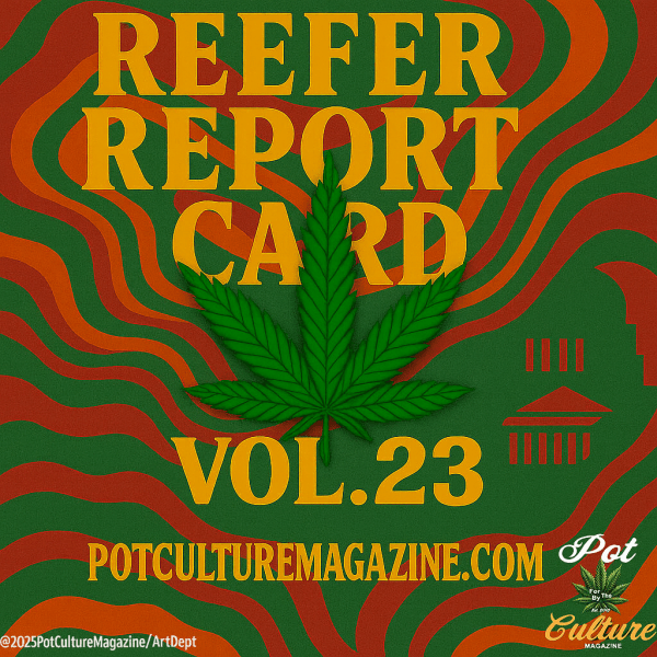 A psychedelic Pot Culture Magazine graphic for Reefer Report Card Vol. 23. The background features swirling orange, red, and green wavy lines with a bold yellow title reading “REEFER REPORT CARD” at the top. A large green cannabis leaf is centered. Below it, yellow text reads “VOL. 23” and “POTCULTUREMAGAZINE.COM.” The lower right corner includes the Pot Culture Magazine leaf-and-script logo and the ©2025PotCultureMagazine/ArtDept credit appears along the bottom left.