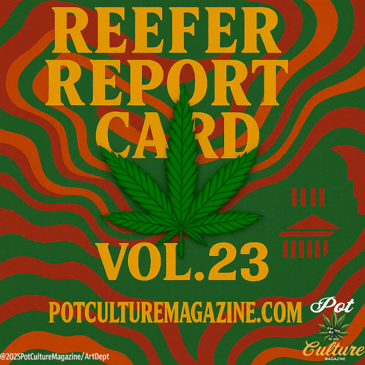 A psychedelic Pot Culture Magazine graphic for Reefer Report Card Vol. 23. The background features swirling orange, red, and green wavy lines with a bold yellow title reading “REEFER REPORT CARD” at the top. A large green cannabis leaf is centered. Below it, yellow text reads “VOL. 23” and “POTCULTUREMAGAZINE.COM.” The lower right corner includes the Pot Culture Magazine leaf-and-script logo and the ©2025PotCultureMagazine/ArtDept credit appears along the bottom left.