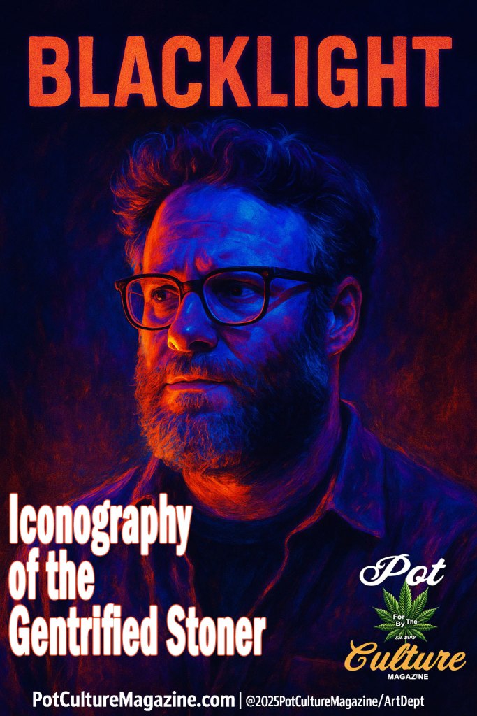 A dramatic, neon-lit portrait of a bearded man with glasses, illuminated in deep blue and red tones against a dark background. Large glowing red text at the top reads “BLACKLIGHT.” At the bottom left, bold white and red text reads “Iconography of the Gentrified Stoner.” Pot Culture Magazine branding and the ©2025PotCultureMagazine/ArtDept credit appear along the bottom.