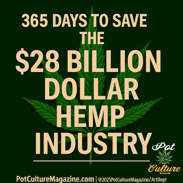 A dark green background with a large cannabis leaf centered behind bold beige text that reads “365 Days to Save the 28 Billion Dollar Hemp Industry.” The Pot Culture Magazine logo sits in the lower right, and the bottom center displays the website PotCultureMagazine.com along with the ©2025PotCultureMagazine/ArtDept credit