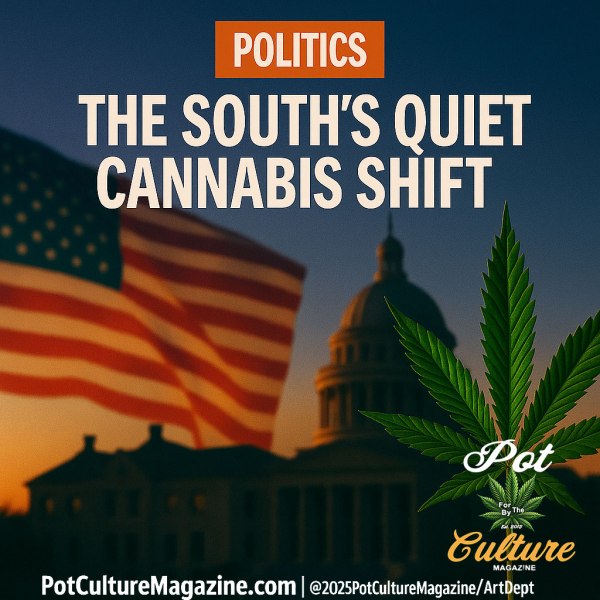 An American flag waves in front of a Southern-style government building at sunset, with a large cannabis leaf overlay in the foreground. The text reads “The South’s Quiet Cannabis Shift,” under the category tag “Politics.” The image represents shifting attitudes toward cannabis reform in southern U.S. states. PotCultureMagazine.com and ©2025PotCultureMagazine/ArtDept appear at the bottom.