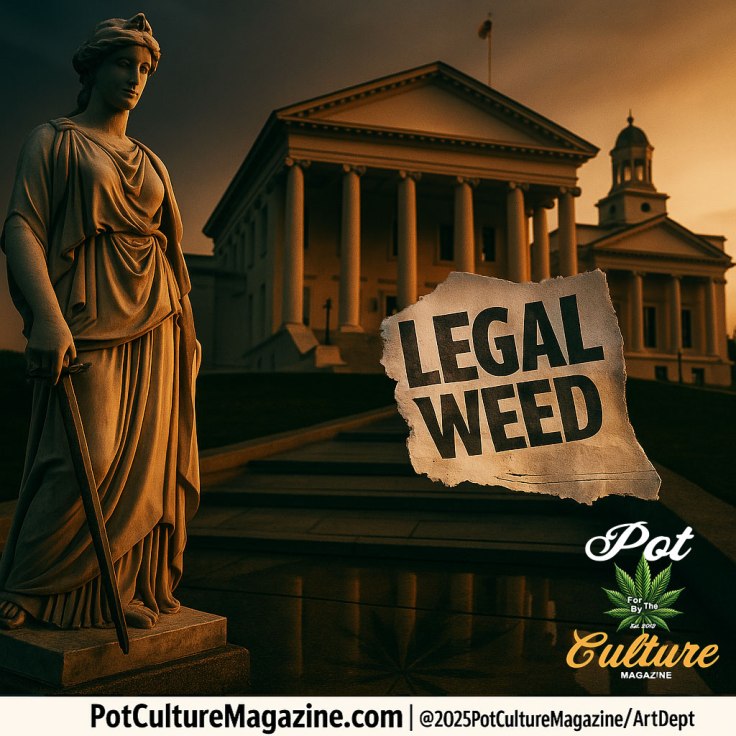 A marble statue of Lady Justice stands before the Virginia State Capitol at sunset, with golden light casting deep shadows across the steps. A torn paper graphic reads “LEGAL WEED,” symbolizing the state’s contradictory cannabis laws. The Pot Culture Magazine logo and website PotCultureMagazine.com appear at the bottom.