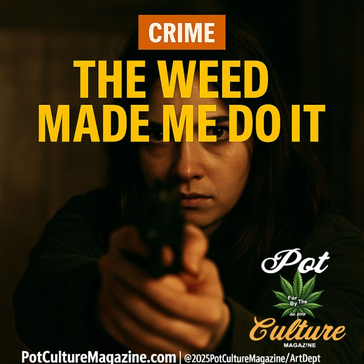 A Pot Culture Magazine feature image showing a young woman aiming a handgun directly toward the camera, her face tense and determined under warm amber light. The headline reads “The Weed Made Me Do It” with a copper “CRIME” tag above. Branding and copyright appear along the bottom