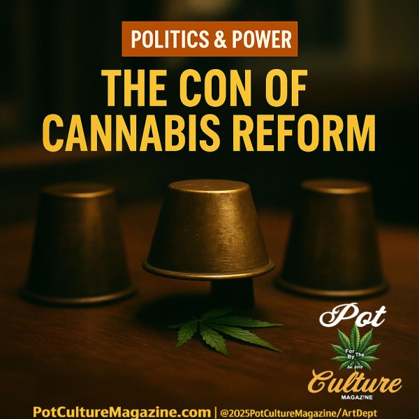 Feature image for Pot Culture Magazine showing three overturned brass cups arranged like a shell game on a dark table, with a cannabis leaf partially revealed beneath the center cup. Headline reads ‘Politics & Power: The Con of Cannabis Reform,’ symbolizing deceptive federal reform tactics and stalled cannabis policy. PotCultureMagazine.com.