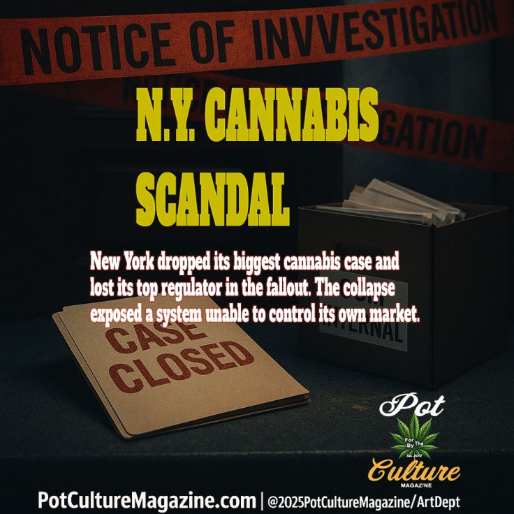 A dark newsroom-style scene with red “NOTICE OF INVESTIGATION” tape stretched across the background. Bold yellow headline text reads “N.Y. CANNABIS SCANDAL.” On a desk, a file folder stamped “CASE CLOSED” sits beside a box of documents labeled “INTERNAL.” A caption explains that New York dropped its biggest cannabis case and lost its top regulator in the fallout. The Pot Culture Magazine leaf logo is at the bottom right, and PotCultureMagazine.com runs along the bottom of the image.