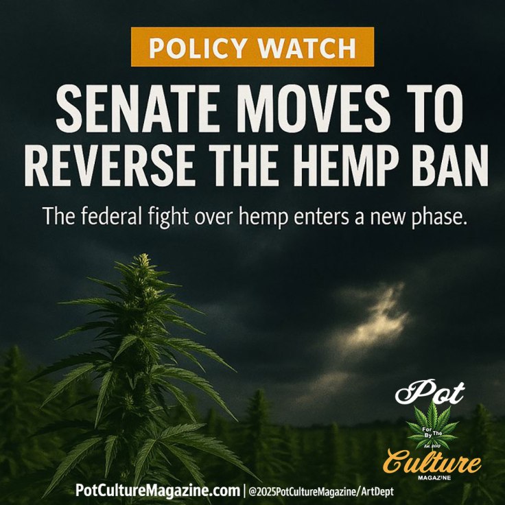 Feature image showing a stormy dark sky looming over a dense hemp field. At the top, an orange bar reads “Policy Watch.” Beneath it, bold white text states “Senate Moves to Reverse the Hemp Ban,” with a smaller line reading “The federal fight over hemp enters a new phase.” The Pot Culture Magazine leaf logo appears in the lower right corner, and the footer displays PotCultureMagazine.com along with the copyright “©2025PotCultureMagazine/ArtDept