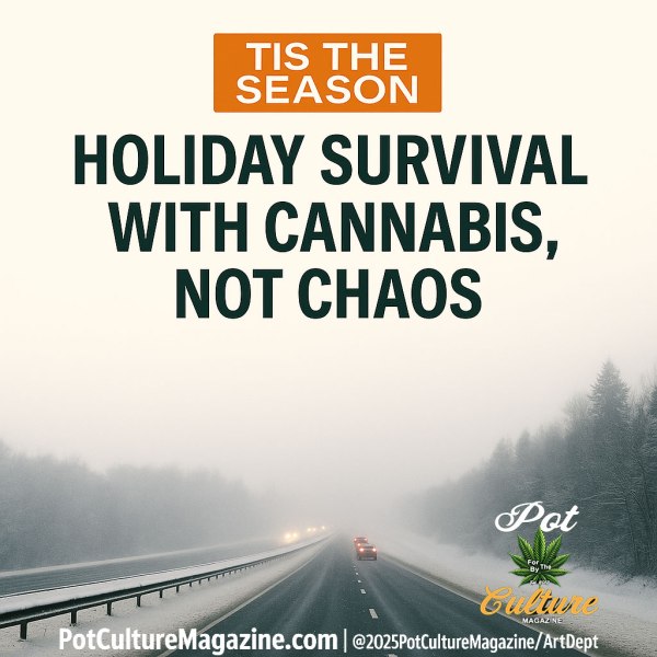 A snowy highway stretches into heavy winter fog as a few cars drive through low visibility. At the top, an orange box reads “Tis The Season,” and below it the bold headline says “Holiday Survival With Cannabis, Not Chaos.” The Pot Culture Magazine leaf logo sits in the lower right corner, and the bottom footer displays PotCultureMagazine.com and ©2025PotCultureMagazine/ArtDept.