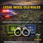 Illustration for Pot Culture Magazine showing a police car with flashing lights overlooking a cannabis field at dusk, paired with handcuffs linking a green cannabis icon and a blue justice scale icon. Headline reads “Legal Weed, Old Rules” with subtext “Legalization changed the label, not the system.” Image branding includes PotCultureMagazine.com.