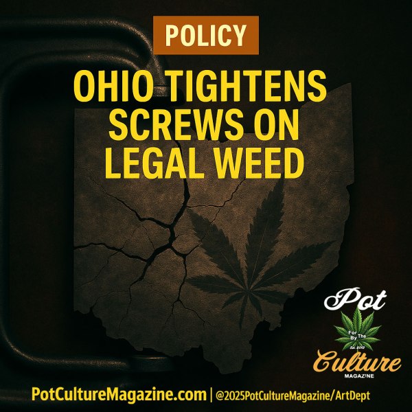 Policy feature image reading “Ohio Tightens Screws on Legal Weed,” showing a cracked, darkened silhouette of the state of Ohio with a faint cannabis leaf embedded in the fracture, symbolizing legislative restriction after legalization, Pot Culture Magazine, PotCultureMagazine.com.