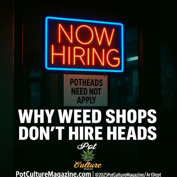 A red and blue neon sign reading “Now Hiring” hangs in a dark storefront. Beneath it, a smaller sign states “Potheads Need Not Apply.” Large white headline text below reads “Why Weed Shops Don’t Hire Heads.” The Pot Culture Magazine logo and website appear along the bottom.