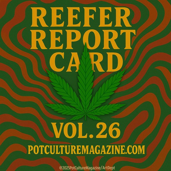 A Reefer Report Card Vol. 26 graphic with bold yellow text over a trippy green and brown wavy background. A large green cannabis leaf sits in the center beneath the headline. The website PotCultureMagazine.com appears at the bottom above a copyright credit to Pot Culture Magazine Art Dept.
