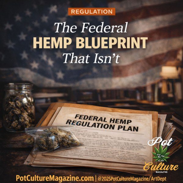 Feature image titled “The Federal Hemp Blueprint That Isn’t,” showing an American flag backdrop behind a desk with stacked documents labeled “Federal Hemp Regulation Plan,” alongside a jar and bag of hemp flower. The scene evokes federal oversight and regulatory control of hemp policy. PotCultureMagazine.com is displayed at the bottom of the image.