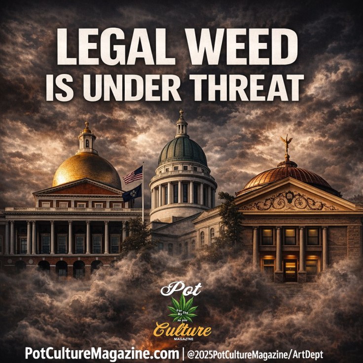 Feature image showing three U.S. state capitol buildings under dark, storm filled skies with the headline “Legal Weed Is Under Threat,” symbolizing coordinated efforts by lawmakers to roll back voter approved cannabis legalization in America, published by Pot Culture Magazine at PotCultureMagazine.com.