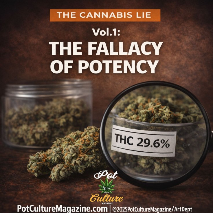 Feature image for “The Cannabis Lie, Vol. 1: The Fallacy of Potency,” showing cannabis buds in clear display jars, one magnified with a label reading “THC 29.6%,” illustrating how potency percentages are emphasized in cannabis marketing and regulation. PotCultureMagazine.com ©2025 Pot Culture Magazine Art Dept.