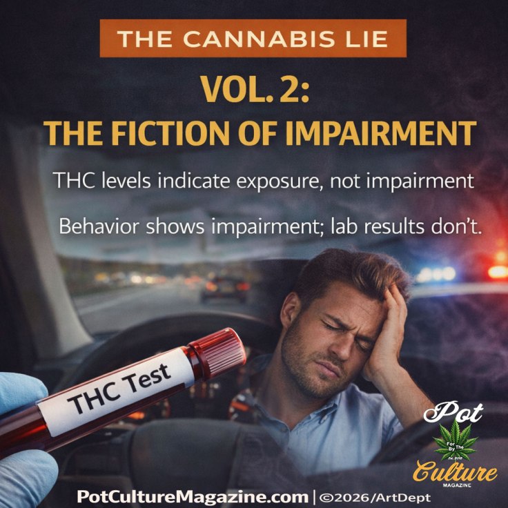 A cinematic feature image for The Cannabis Lie Vol. 2 titled The Fiction of Impairment, showing a distressed driver behind the wheel while a gloved hand holds a vial labeled THC Test in the foreground, police lights flashing outside the windshield, highlighting the debate over THC detection versus actual impairment, PotCultureMagazine.com visible at the bottom.