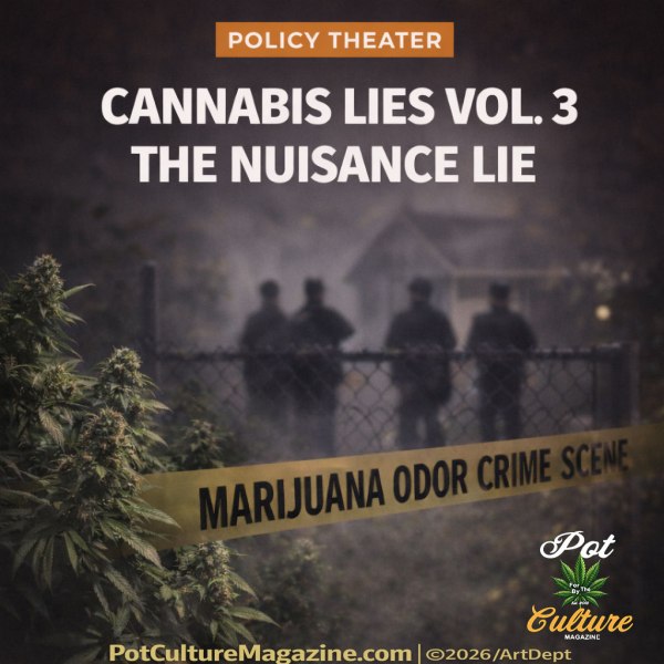 Feature image labeled “Policy Theater” with the headline “Cannabis Lies Vol. 3: The Nuisance Lie.” In the foreground, cannabis plants are visible near a fence, while blurred figures resembling police officers stand in the background. Yellow tape across the scene reads “Marijuana Odor Crime Scene,” suggesting criminalization based on smell. PotCultureMagazine.com | ©2026/ArtDept appears at the bottom.