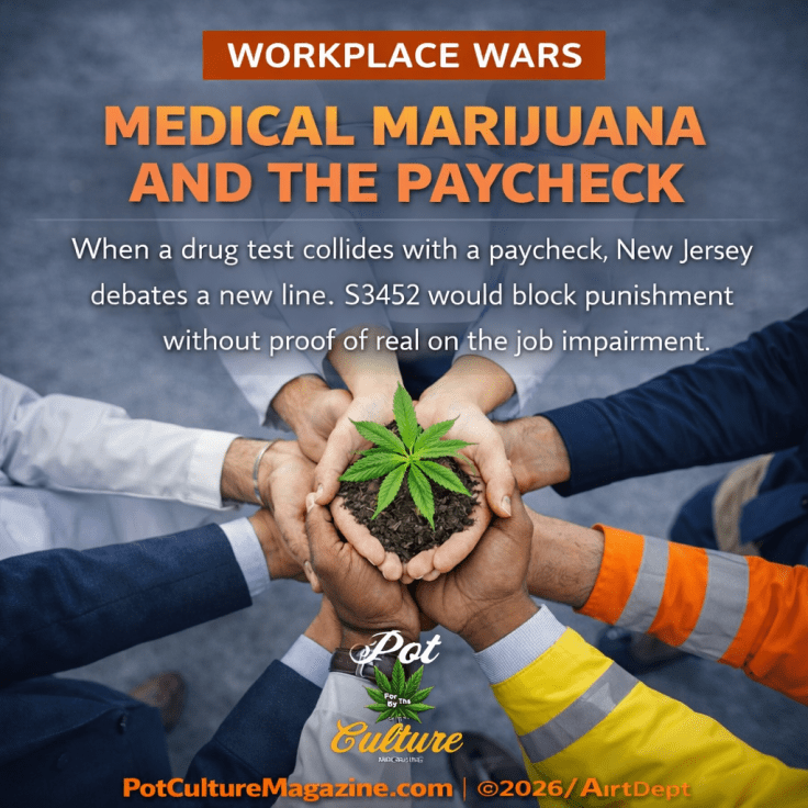 Feature image labeled “Workplace Wars” with the headline “Medical Marijuana and the Paycheck.” A brief description overlays the upper half, referencing New Jersey’s S3452 and workplace drug testing protections. The lower portion shows a circle of diverse hands in business and work uniforms holding soil with a young cannabis plant at the center, symbolizing employment rights and medical use. PotCultureMagazine.com | ©2026/ArtDept appears at the bottom.