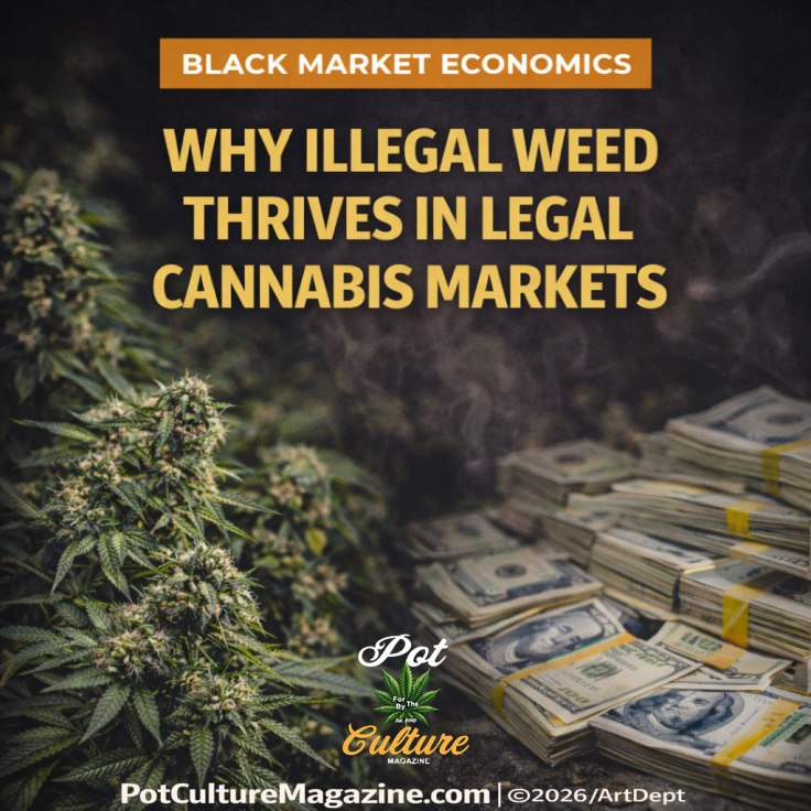 Feature image with a copper category banner reading Black Market Economics above the headline Why Illegal Weed Thrives in Legal Cannabis Markets. On the left, a dense cannabis plant grows outdoors in natural light. On the right, multiple stacks of bundled U.S. hundred dollar bills sit on a wooden surface, suggesting profit and parallel markets. Pot Culture Magazine branding and website appear centered at the bottom with a 2026 ArtDept credit.