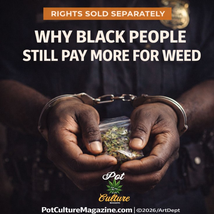 Feature image for “Why Black People Still Pay More for Weed” showing a Black man’s hands in handcuffs holding a small plastic bag of cannabis against a dark background. Bold headline text appears above under the category “Rights Sold Separately,” visually linking cannabis enforcement, racial disparity, and criminalization. Pot Culture Magazine branding visible at the bottom. ©2026 Pot Culture Magazine Art Dept.