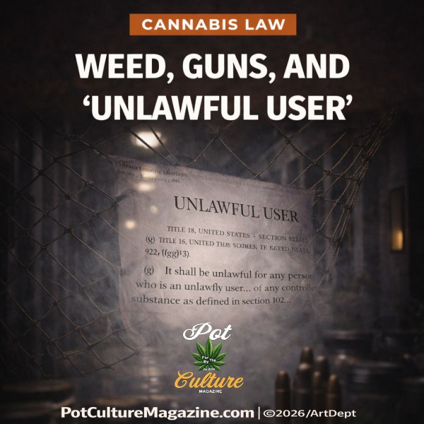 Feature image labeled “Cannabis Law” with the headline “Weed, Guns, and ‘Unlawful User.’” The scene shows a foggy, dimly lit alley with a federal statute page titled “Unlawful User” caught in a net like a trap. Bullet casings rest in the foreground, emphasizing the legal tension around firearms and cannabis use. PotCultureMagazine.com | ©2026/ArtDept appears at the bottom.