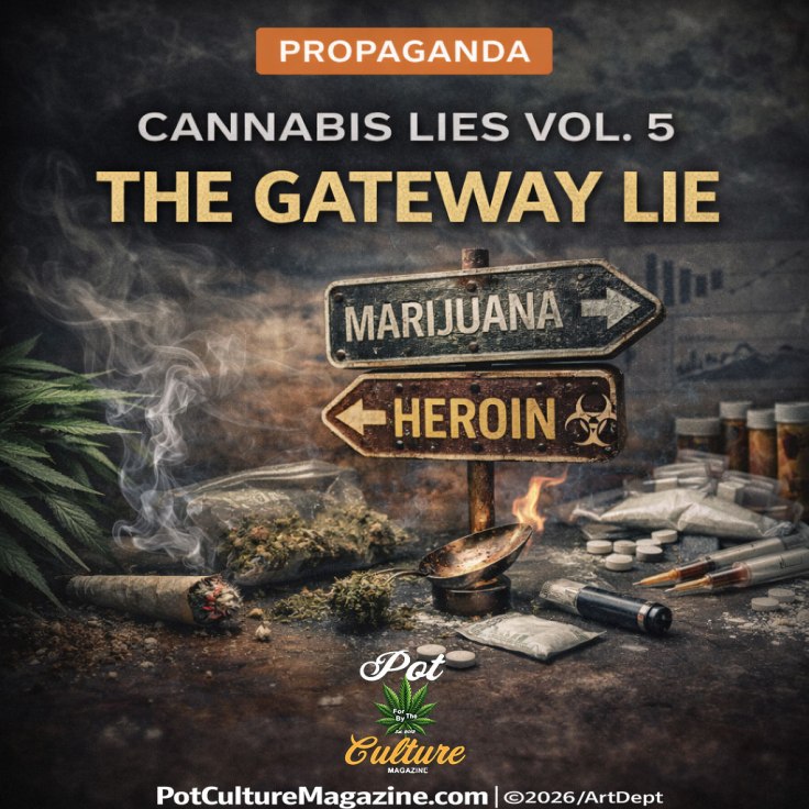 Feature graphic titled “Cannabis Lies Vol. 5: The Gateway Lie,” filed under Propaganda. The image shows a weathered signpost with arrows pointing to “Marijuana” and “Heroin,” surrounded by a lit joint, loose cannabis, pill bottles, syringes, small baggies, and a heated spoon. Smoke rises across the scene, suggesting the long-debated gateway drug narrative. PotCultureMagazine.com | ©2026/ArtDept appears at the bottom.