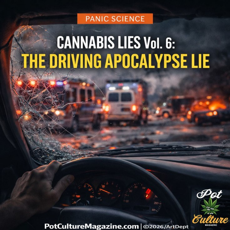Alt text: Feature image labeled “PANIC SCIENCE” with the headline “CANNABIS LIES Vol. 6: THE DRIVING APOCALYPSE LIE,” showing a driver’s perspective through a cracked windshield toward a chaotic crash scene with emergency vehicles, flashing lights, and damaged cars on a roadway, with PotCultureMagazine.com and ©2026/ArtDept at the bottom and the Pot Culture Magazine logo in the lower right.