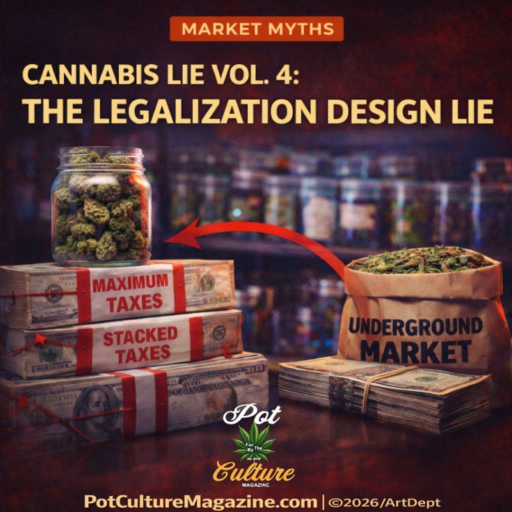 Feature image for Pot Culture Magazine titled “Cannabis Lie Vol. 4: The Legalization Design Lie” under the category Market Myths. The image shows stacks of cash labeled “Maximum Taxes” and “Stacked Taxes” beside a jar of cannabis, with a red arrow pointing toward a paper bag labeled “Underground Market” and bundles of cash. PotCultureMagazine.com | ©2026/ArtDept appears at the bottom.