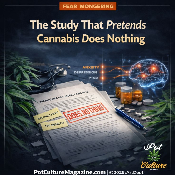 Feature graphic titled “The Study That Pretends Cannabis Does Nothing,” filed under Fear Mongering. The image shows a stack of research papers labeled “Marijuana for Anxiety and PTSD,” stamped with “Does Nothing,” alongside notes reading “Inconclusive” and “No Benefit.” Surrounding the papers are cannabis leaves, prescription pill bottles, scattered tablets, a stethoscope, and a pen. A glowing digital brain graphic highlights anxiety, depression, and PTSD in the background. PotCultureMagazine.com | ©2026/ArtDept appears at the bottom.