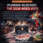 Feature graphic titled “Florida Blocked the 2026 Weed Vote,” filed under Ballot Box Blockade. The image depicts a locked ballot box labeled “2026 Ballot Initiatives” wrapped in heavy chains and secured with a padlock, surrounded by shredded petitions stamped “Rejected,” “Disqualified,” and “Blocked.” A courthouse dome stands in the background beneath the Florida state flag, alongside a gavel and a map of Florida marked with red pins and connecting lines. Barricades and a “Vote Here” sign appear on the left, symbolizing procedural barriers and court challenges that kept citizen initiatives off the ballot. The Pot Culture Magazine logo, website, and ©2026/ArtDept appear at the bottom.